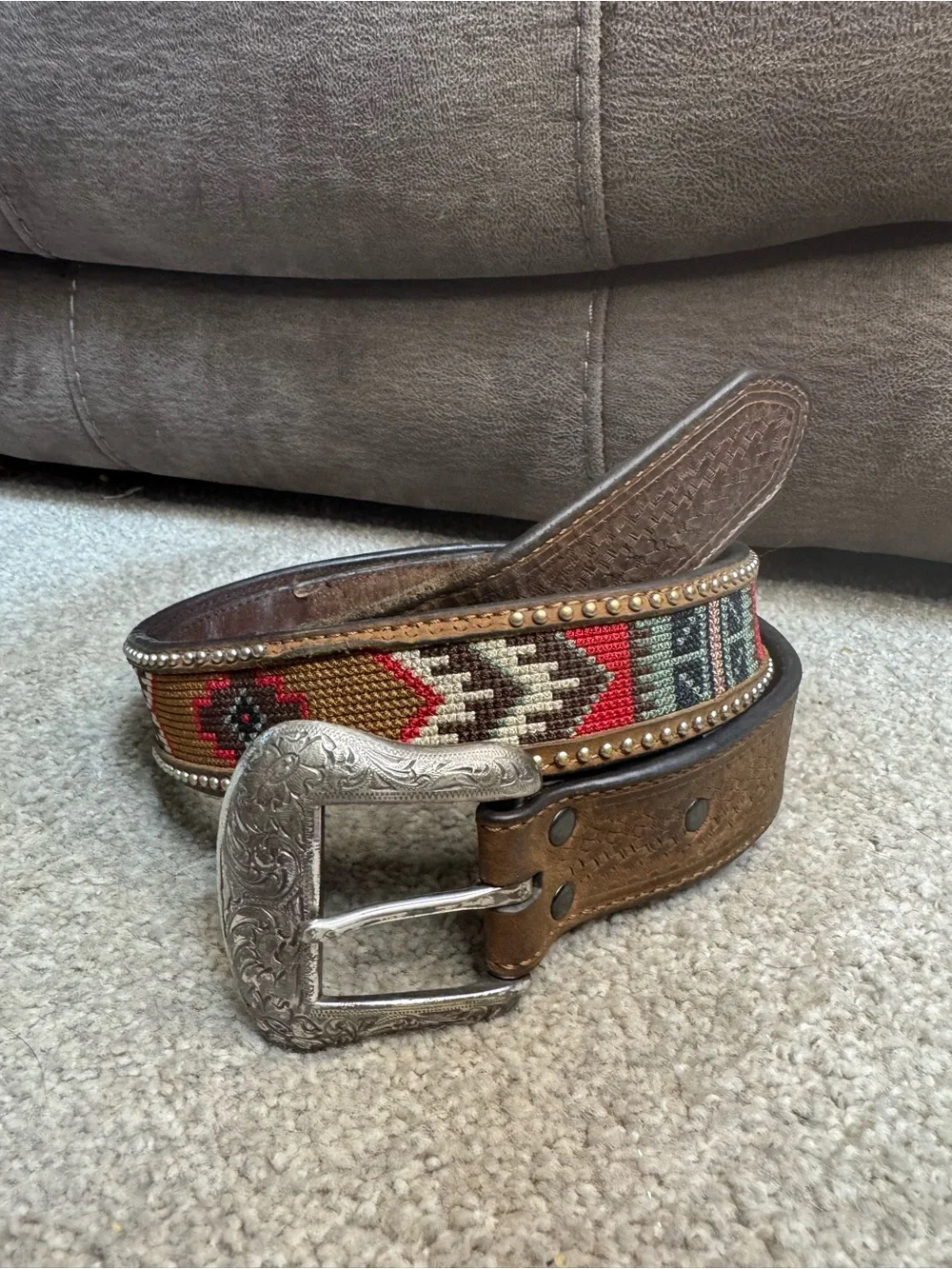 Ariat Brown Leather Western Beaded Belt with Red & Tan Accents